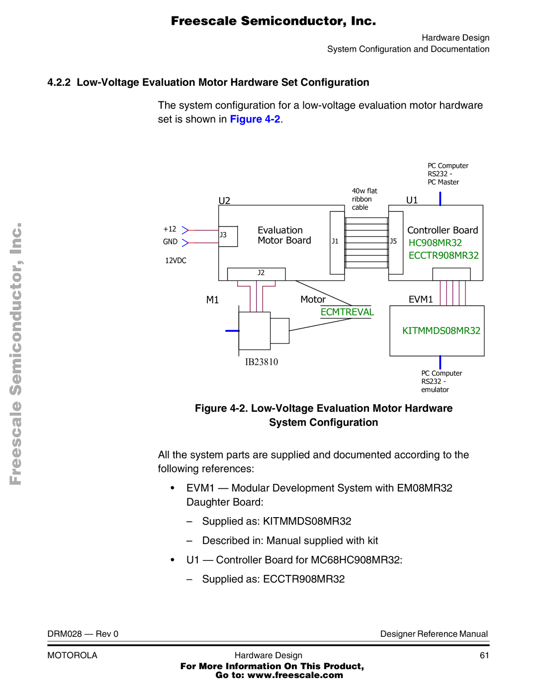 Motorola M68HC08 manual Low-Voltage Evaluation Motor Hardware Set Configuration 