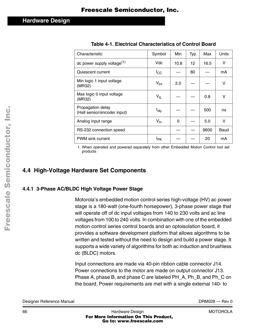 Motorola M68HC08 manual High-Voltage Hardware Set Components, Electrical Characteristics of Control Board 