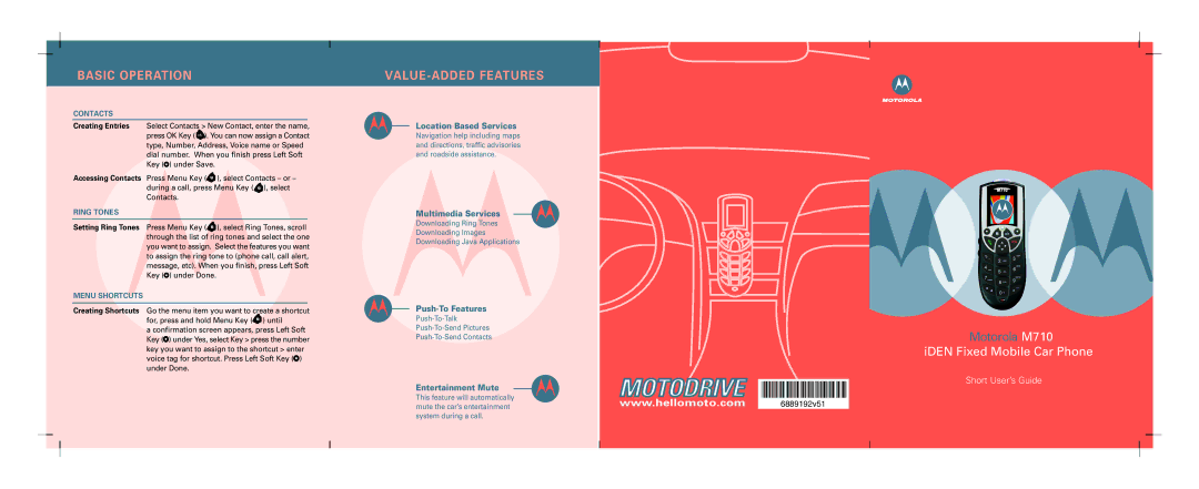 Motorola M710 manual Basic Operation, VALUE-ADDED Features, Contacts, Ring Tones, Menu Shortcuts 