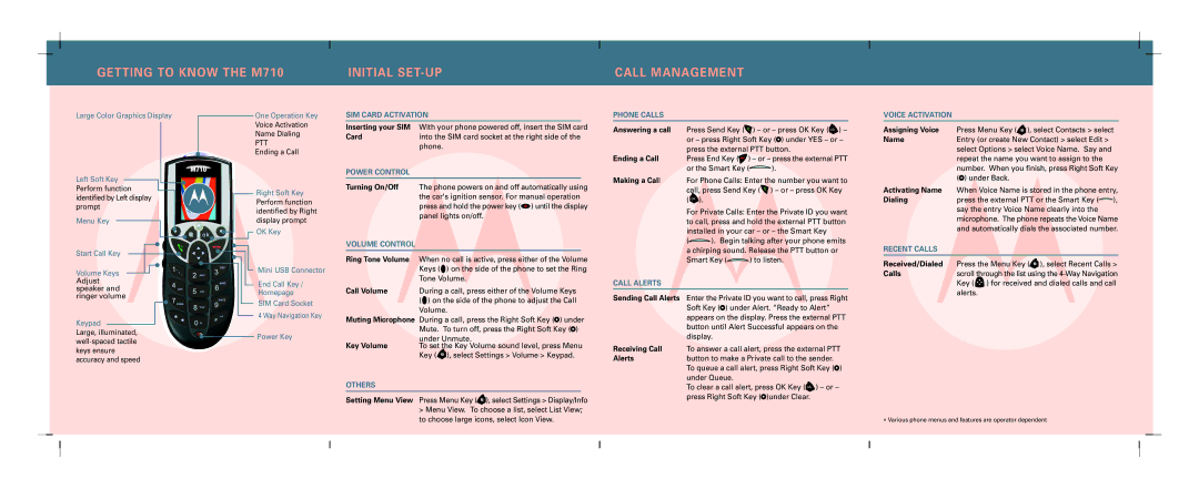 Motorola manual Getting to Know the M710 Initial SET-UP Call Management 