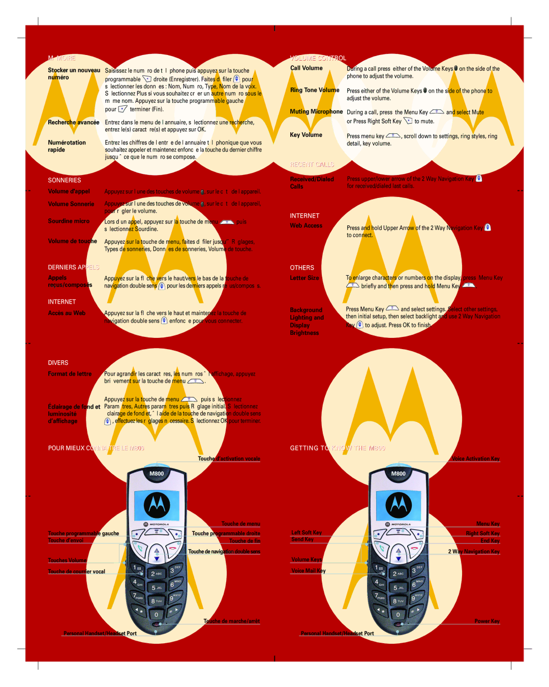 Motorola M800 Stocker un nouveau numéro, Call Volume, Key Volume, Web Access, Volume de touche, Appels Reçus/composés 