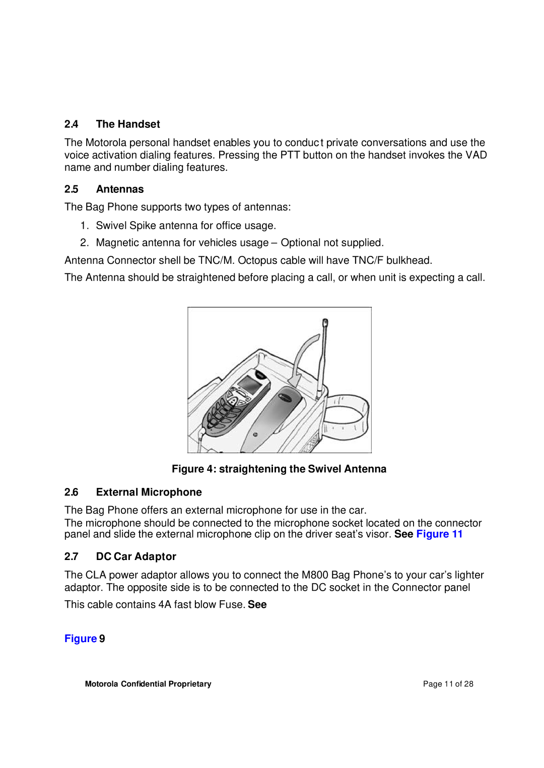 Motorola M800BP manual Handset, Antennas, DC Car Adaptor 