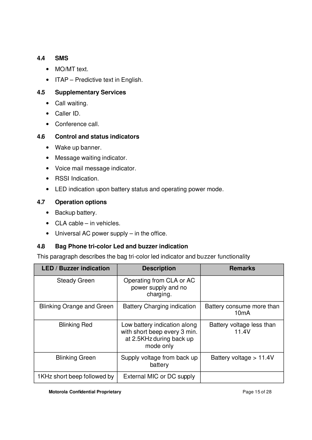 Motorola M800BP manual Sms, Supplementary Services, Control and status indicators, Operation options 