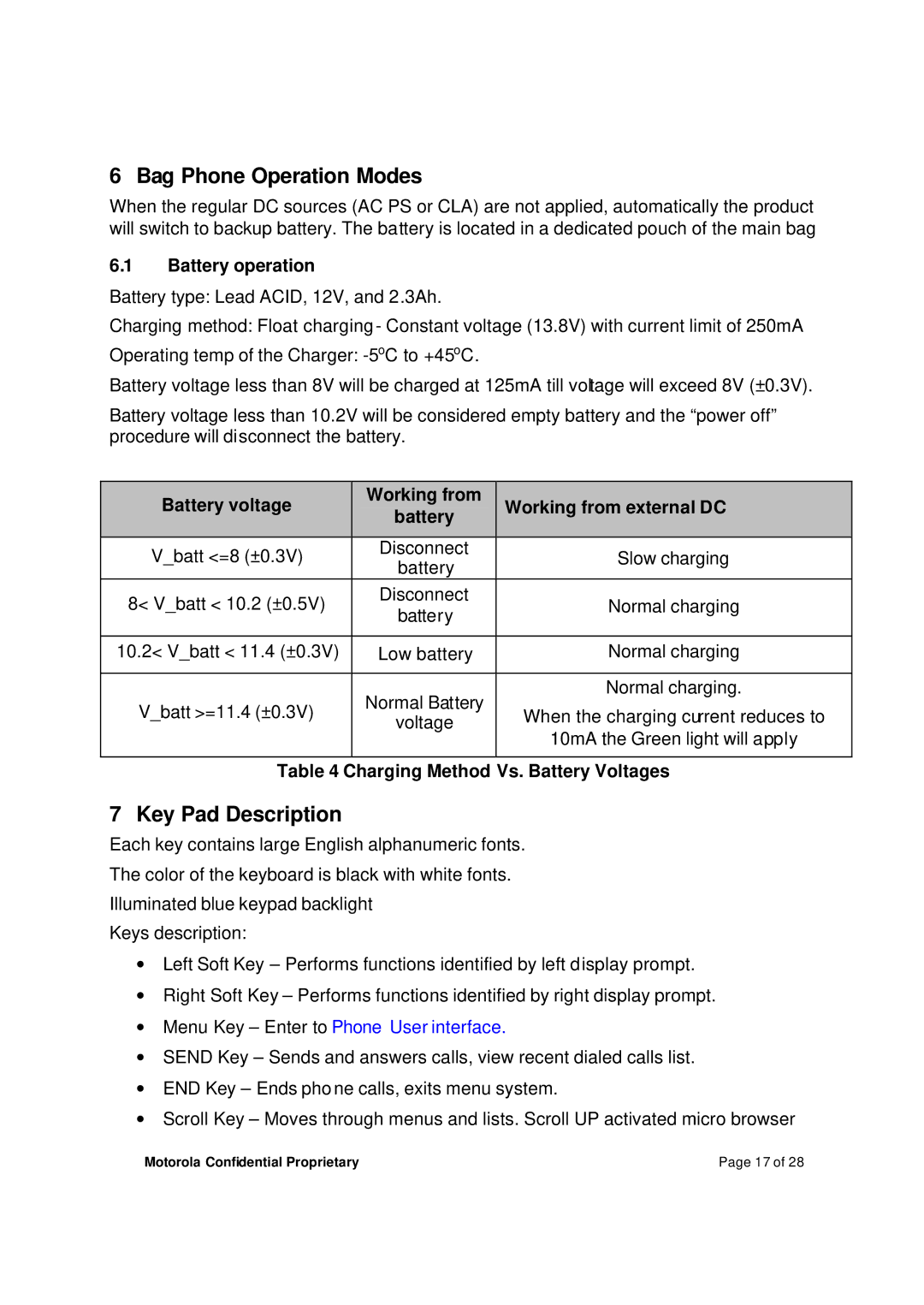 Motorola M800BP Bag Phone Operation Modes, Key Pad Description, Battery operation, Charging Method Vs. Battery Voltages 