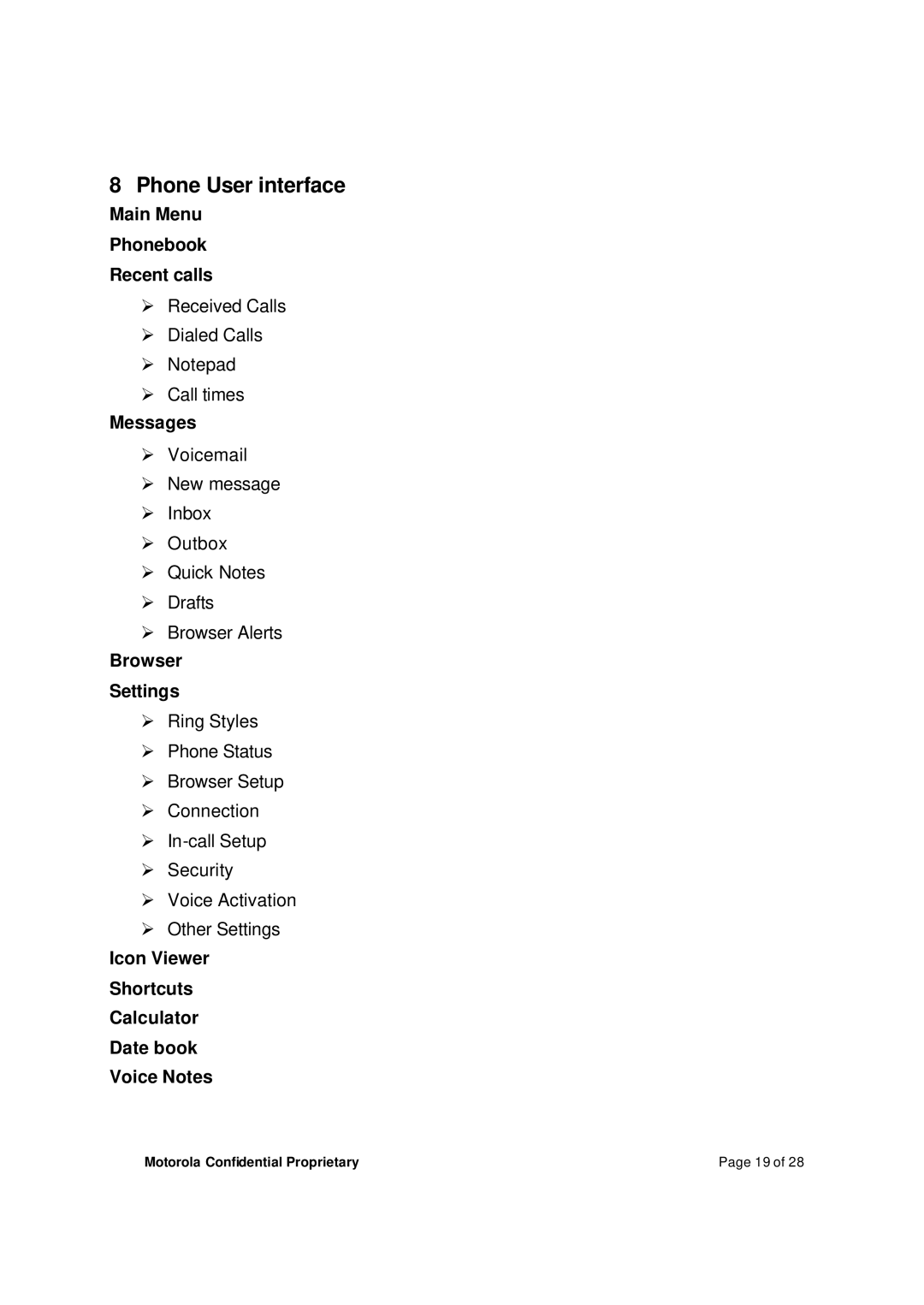 Motorola M800BP manual Phone User interface, Main Menu Phonebook Recent calls, Messages, Browser Settings 