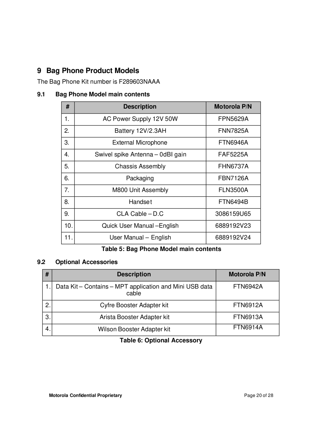 Motorola M800BP manual Bag Phone Product Models, Bag Phone Model main contents Description Motorola P/N, Optional Accessory 