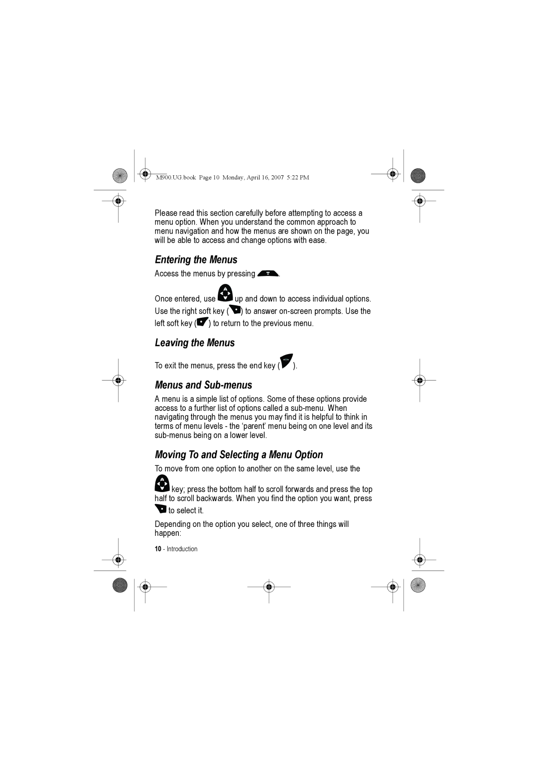 Motorola M900 manual Entering the Menus, Leaving the Menus, Menus and Sub-menus, Moving To and Selecting a Menu Option 