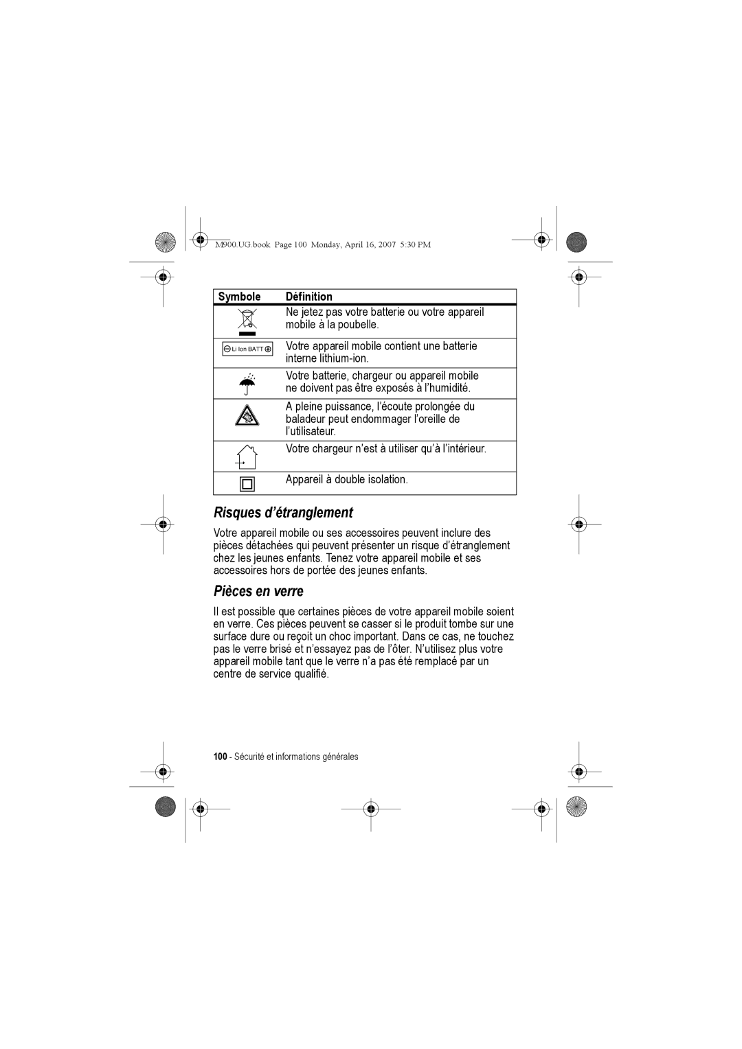 Motorola M900 manual Risques d’étranglement, Pièces en verre 