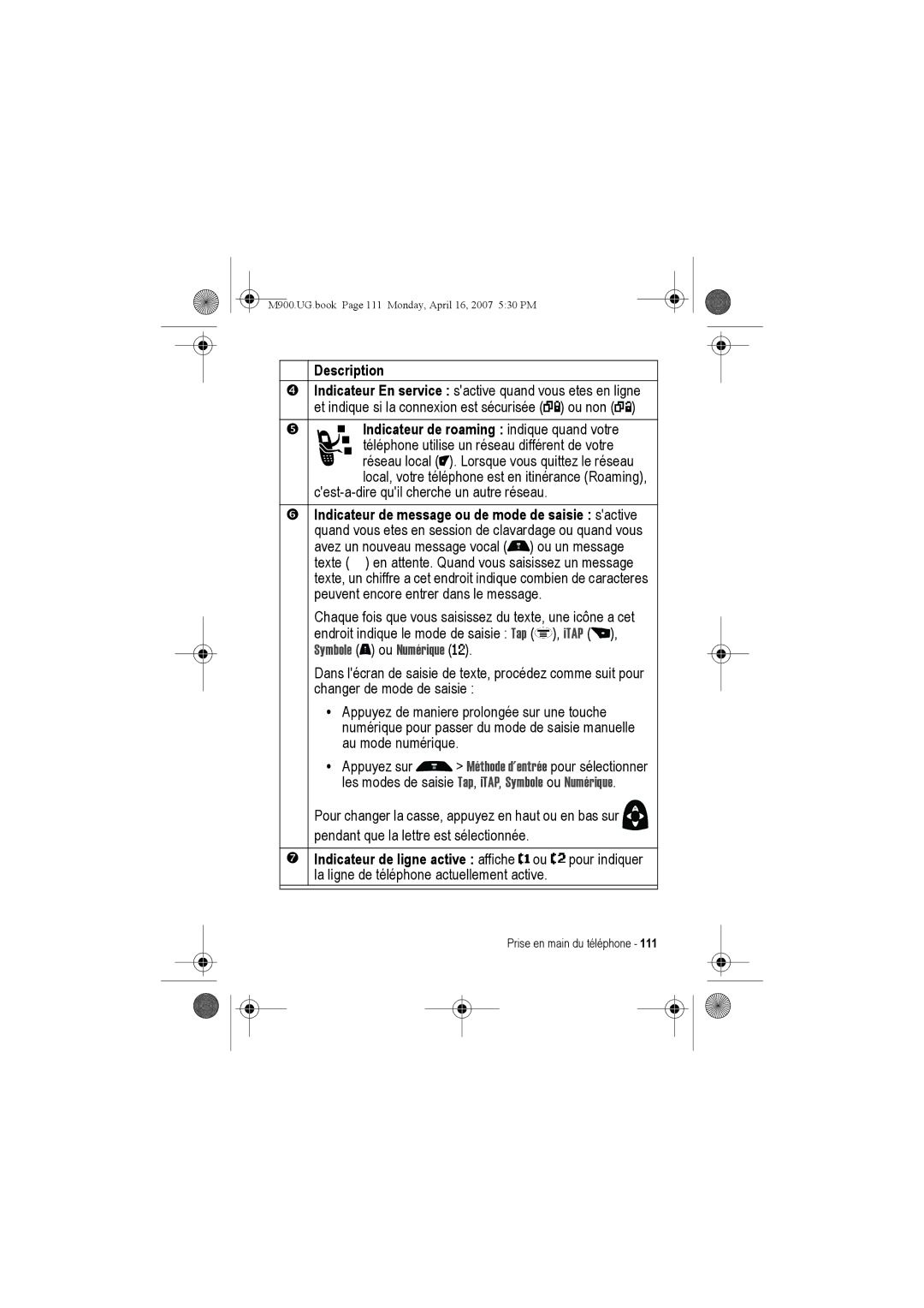 Motorola M900 manual Indicateur de roaming indique quand votre, Symbole ou Numérique 