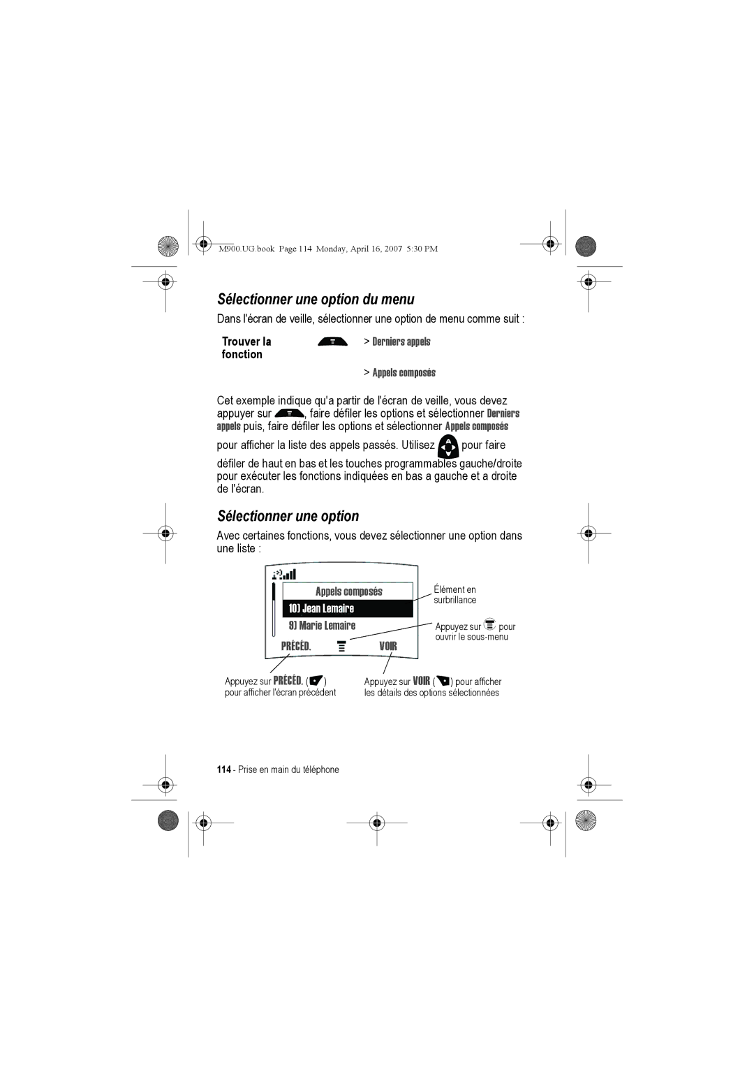 Motorola M900 manual Sélectionner une option du menu, Appels composés, Marie Lemaire, Précéd Voir 