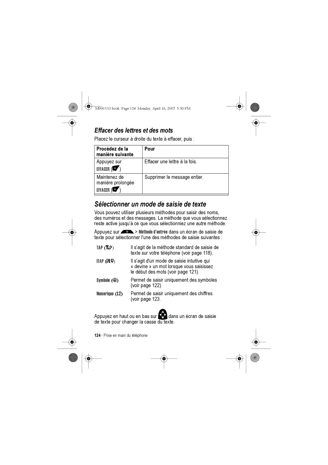 Motorola M900 manual Sélectionner un mode de saisie de texte, Effacer des lettres et des mots, TAP Itap Symbole 