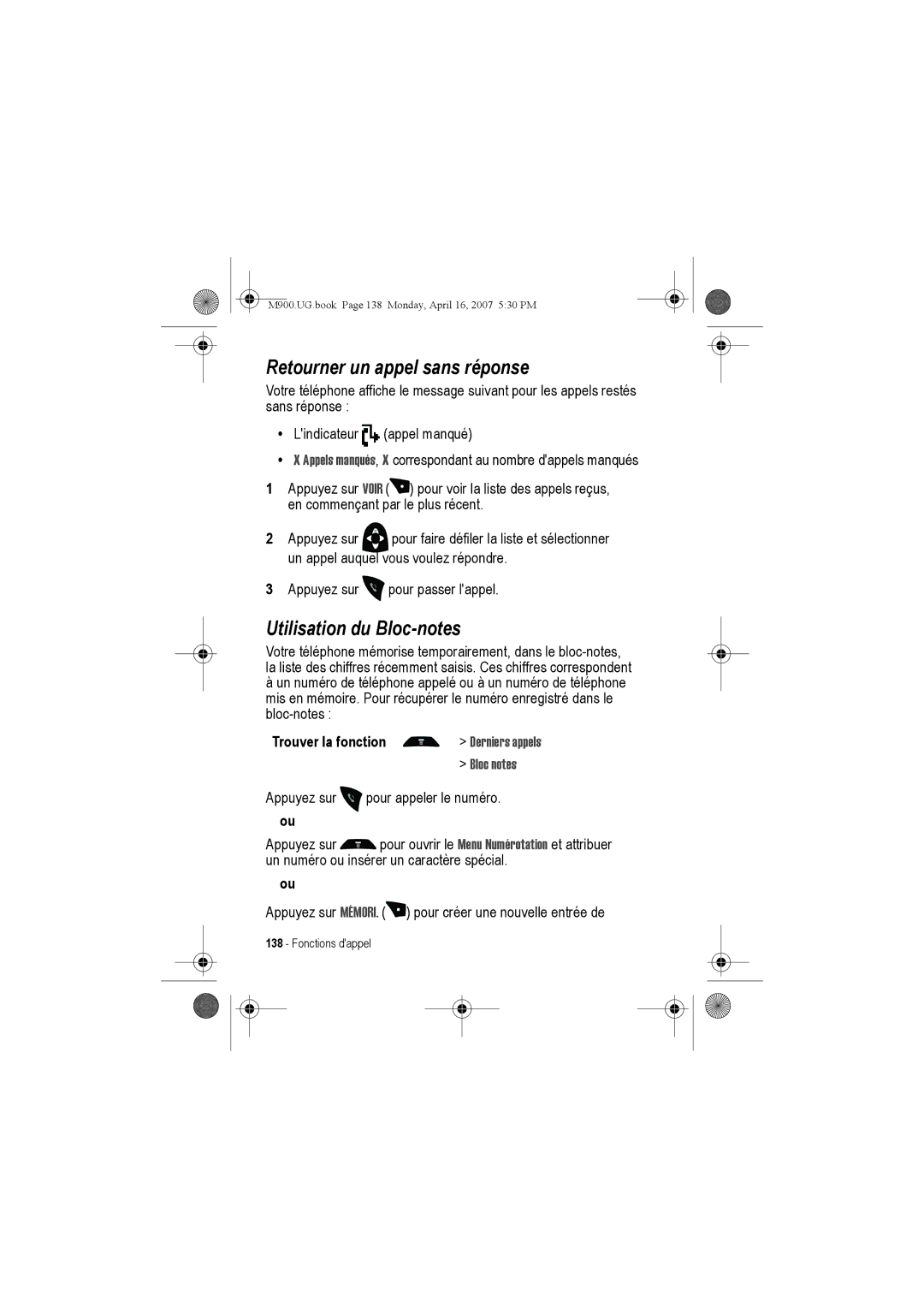 Motorola M900 manual Retourner un appel sans réponse, Utilisation du Bloc-notes, Bloc notes 