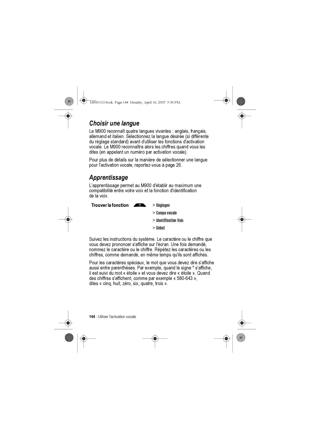 Motorola M900 manual Apprentissage, Compo vocale Identification Voix Début 