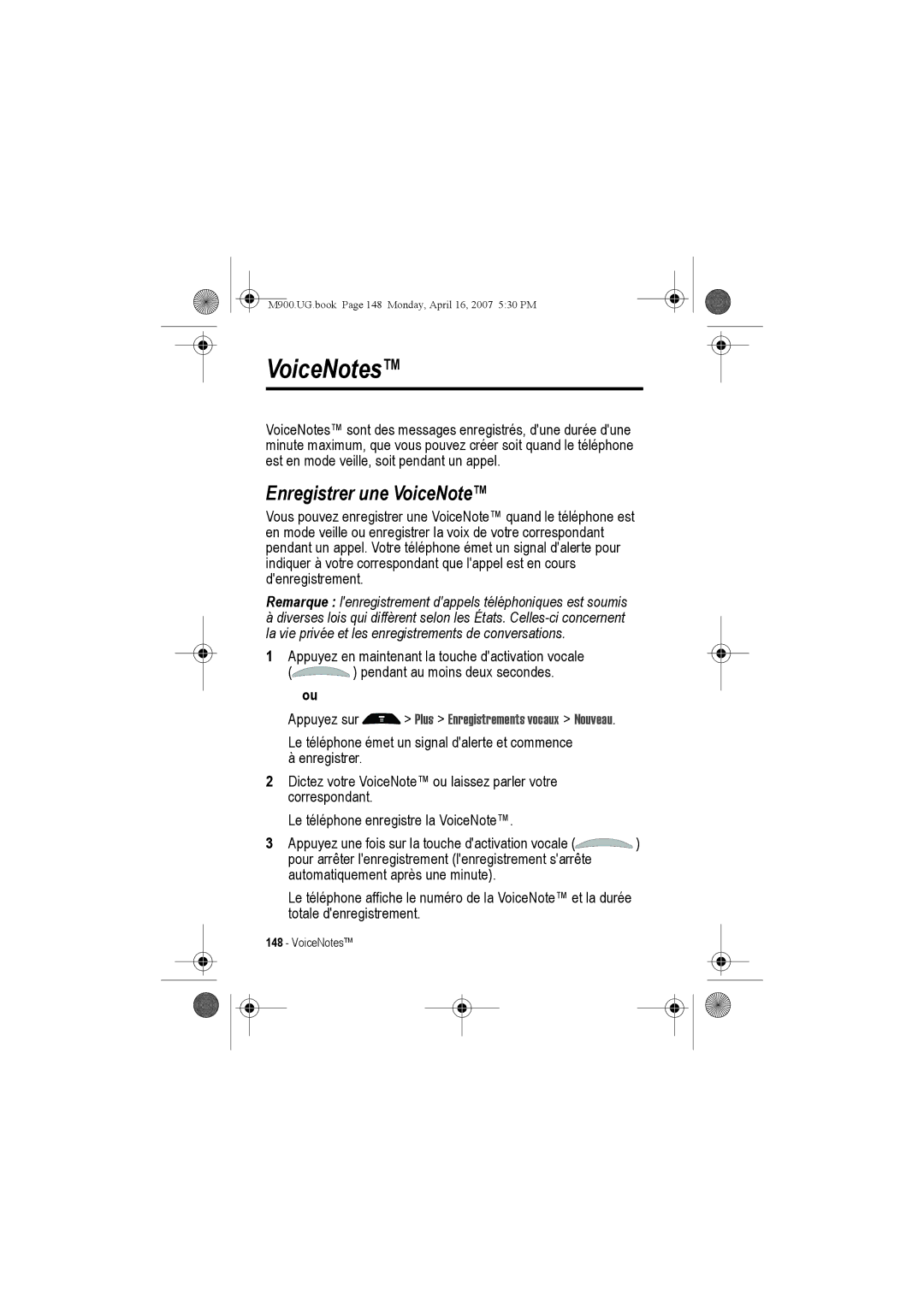 Motorola M900 manual Enregistrer une VoiceNote, Appuyez sur Plus Enregistrements vocaux Nouveau 