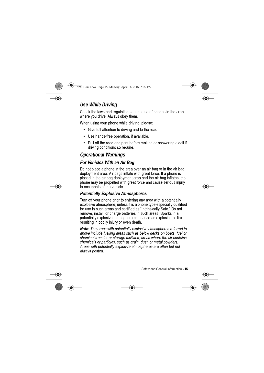 Motorola M900 manual Use While Driving, Operational Warnings 