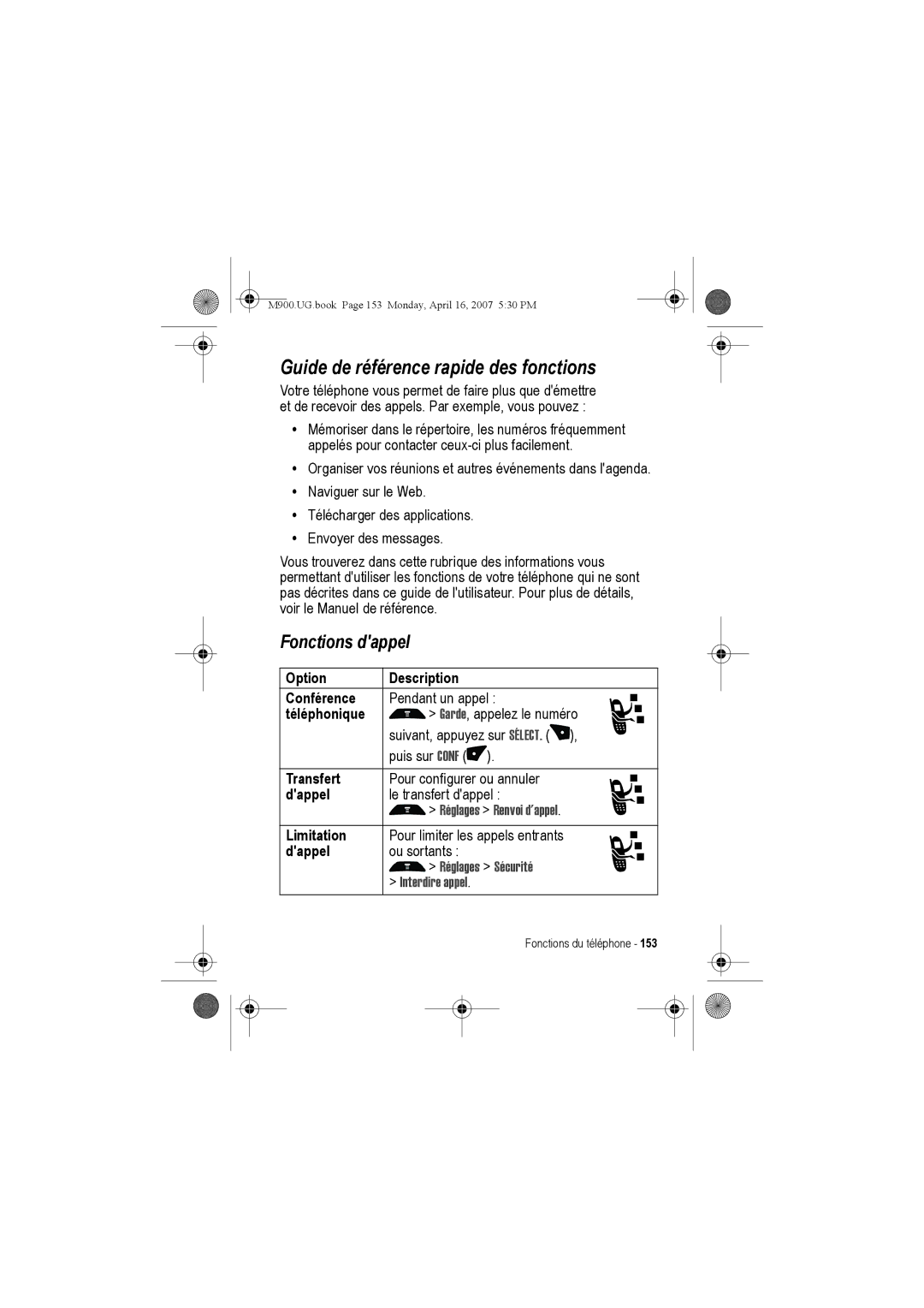 Motorola M900 manual Guide de référence rapide des fonctions, Fonctions dappel 