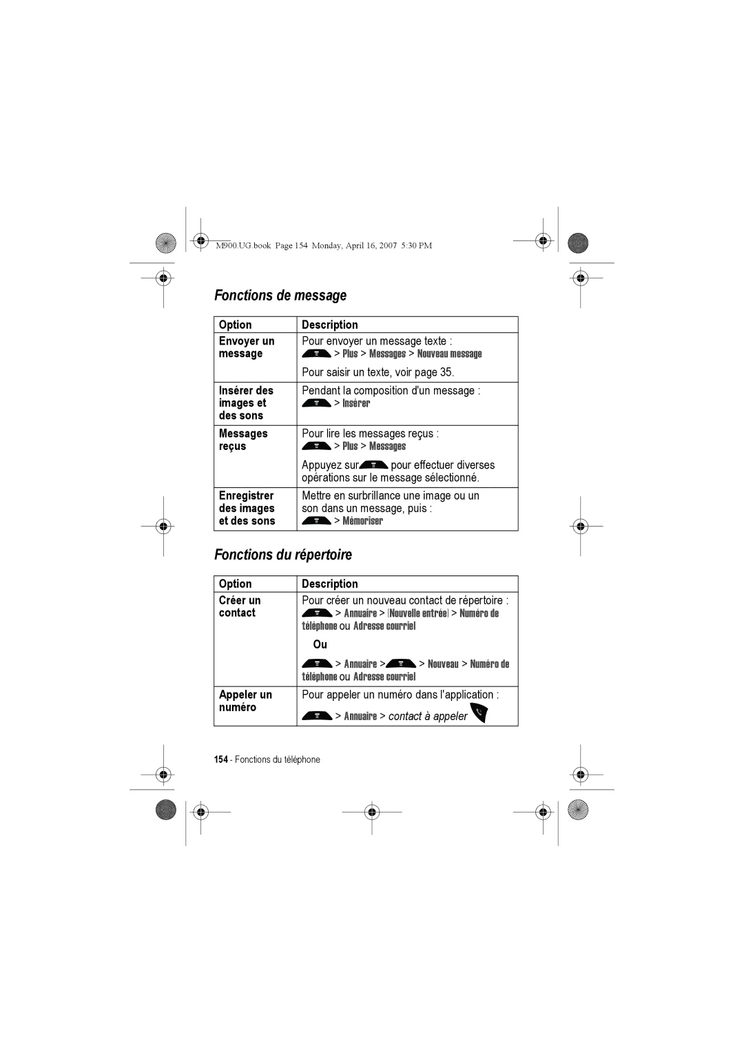 Motorola M900 manual Fonctions de message, Fonctions du répertoire 