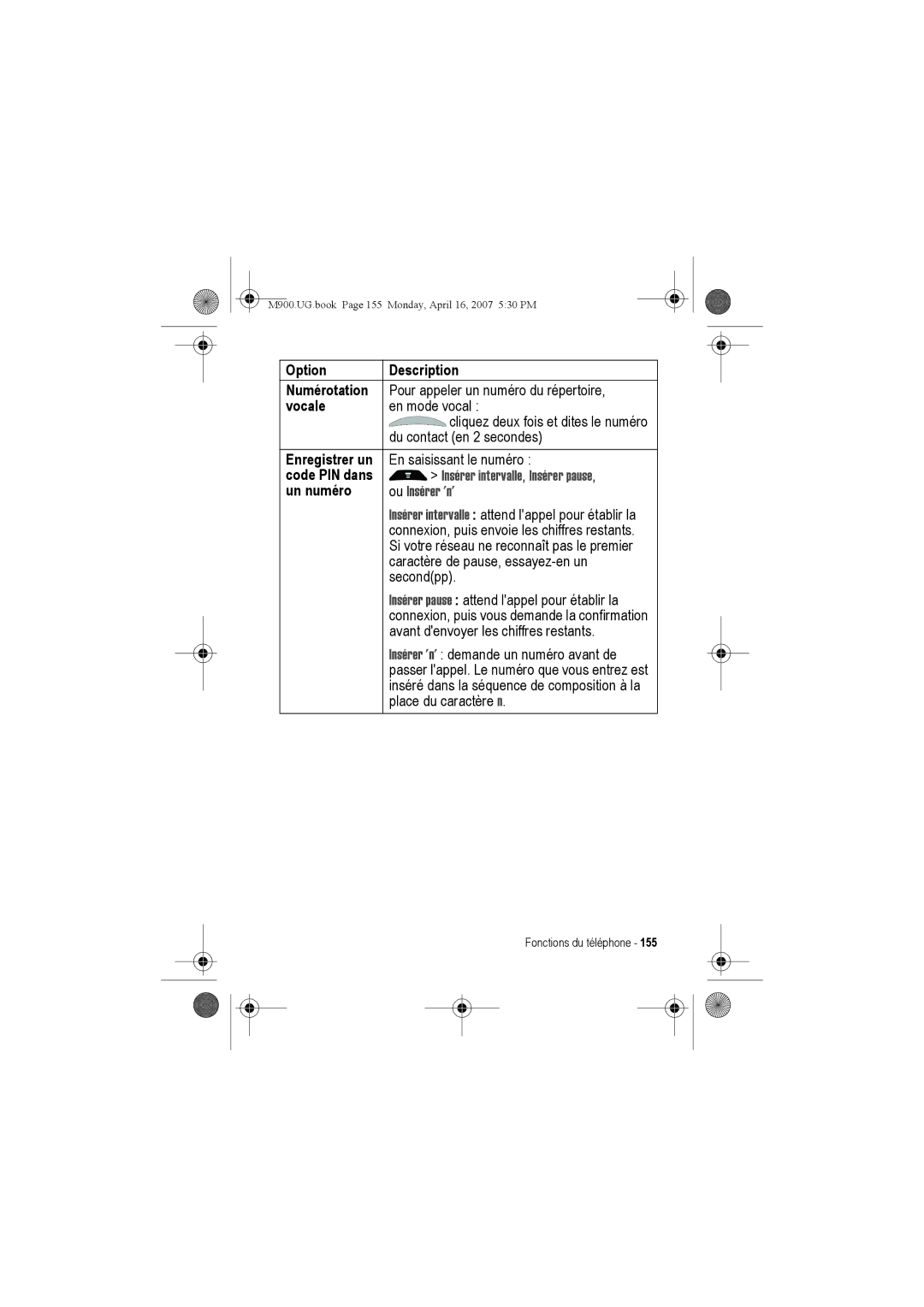 Motorola M900 manual Option Description Numérotation, Vocale, Enregistrer un, Code PIN dans, Un numéro 