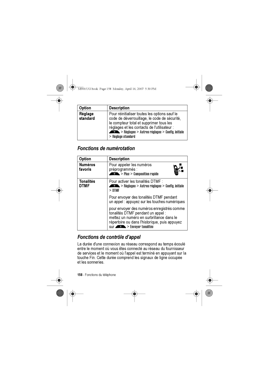 Motorola M900 manual Fonctions de numérotation, Fonctions de contrôle dappel 