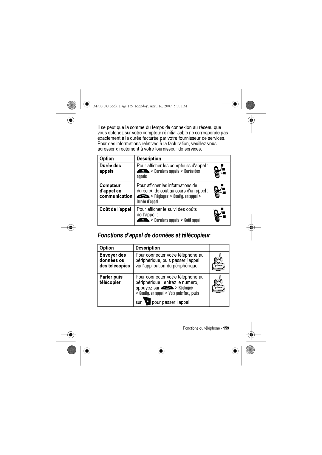 Motorola M900 manual Fonctions dappel de données et télécopieur 