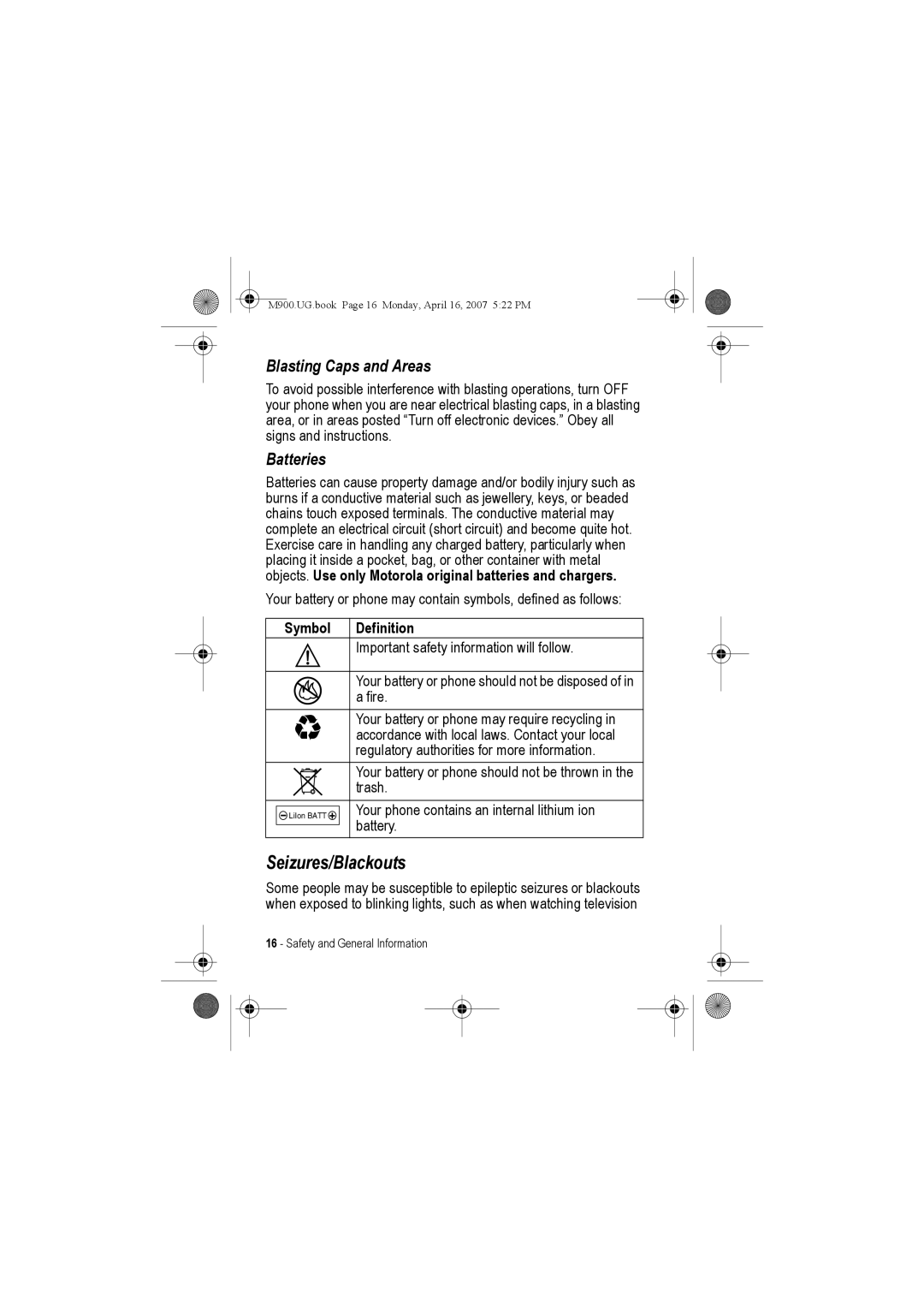 Motorola M900 manual Seizures/Blackouts, Symbol Definition 