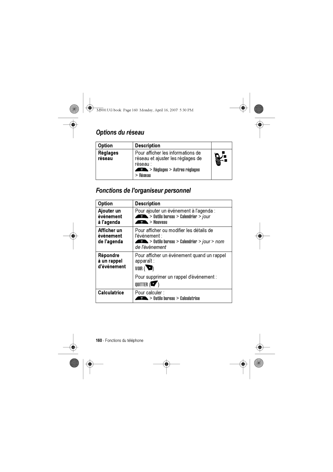 Motorola M900 manual Options du réseau, Fonctions de lorganiseur personnel 