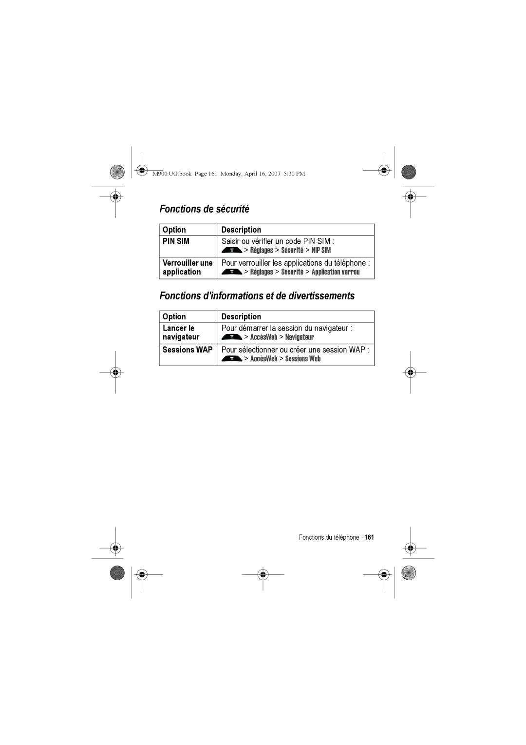 Motorola M900 manual Fonctions de sécurité, Fonctions dinformations et de divertissements 