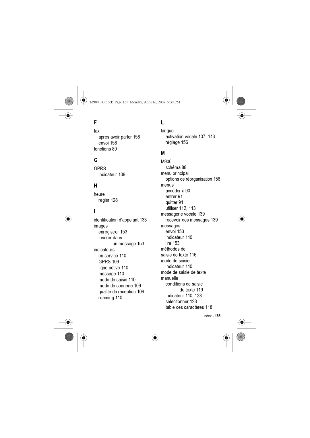 Motorola manual M900.UG.book Page 165 Monday, April 16, 2007 530 PM 