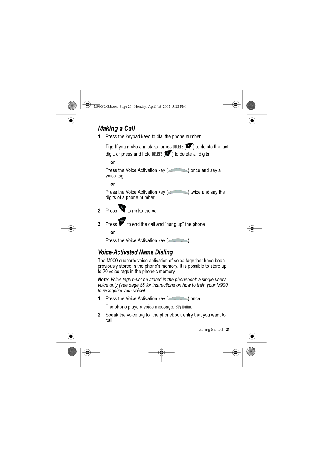 Motorola M900 manual Making a Call, Voice-Activated Name Dialing 