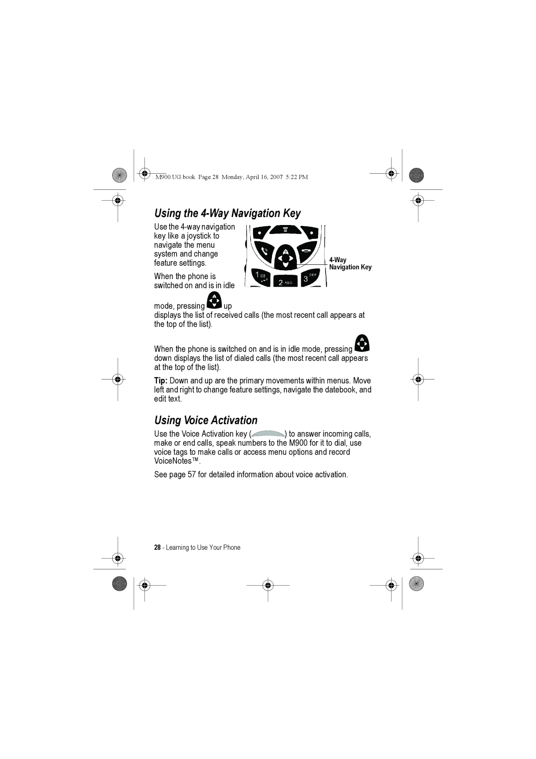 Motorola M900 manual Using the 4-Way Navigation Key, Using Voice Activation 