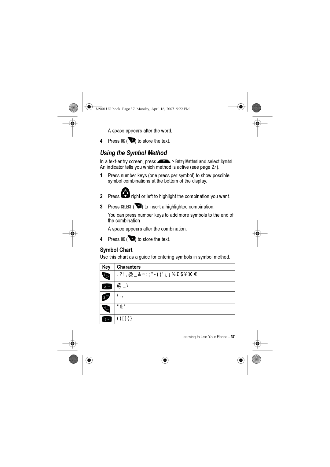 Motorola M900 manual Using the Symbol Method, Symbol Chart 