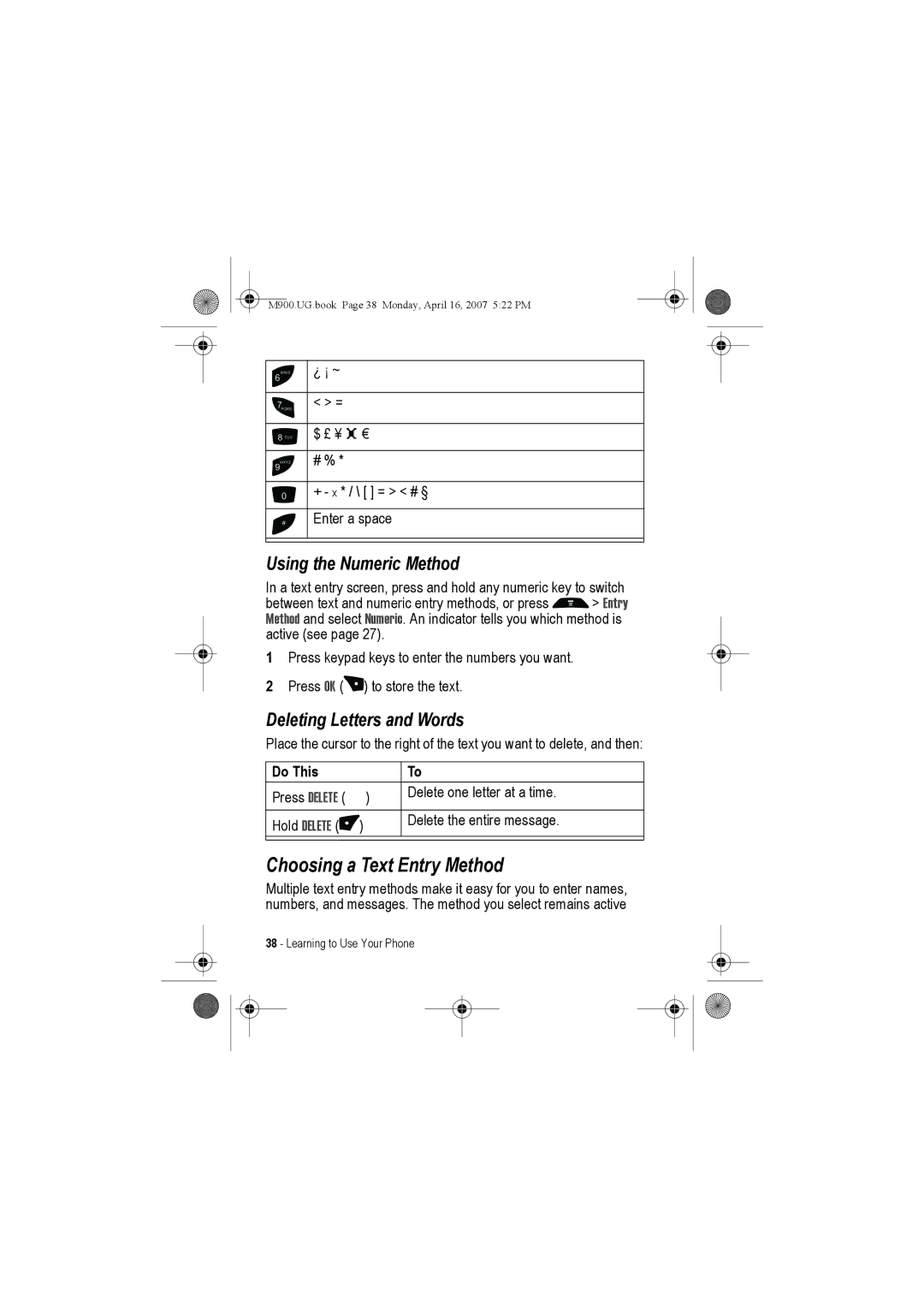 Motorola M900 Choosing a Text Entry Method, Using the Numeric Method, Deleting Letters and Words, Do This, Hold Delete 