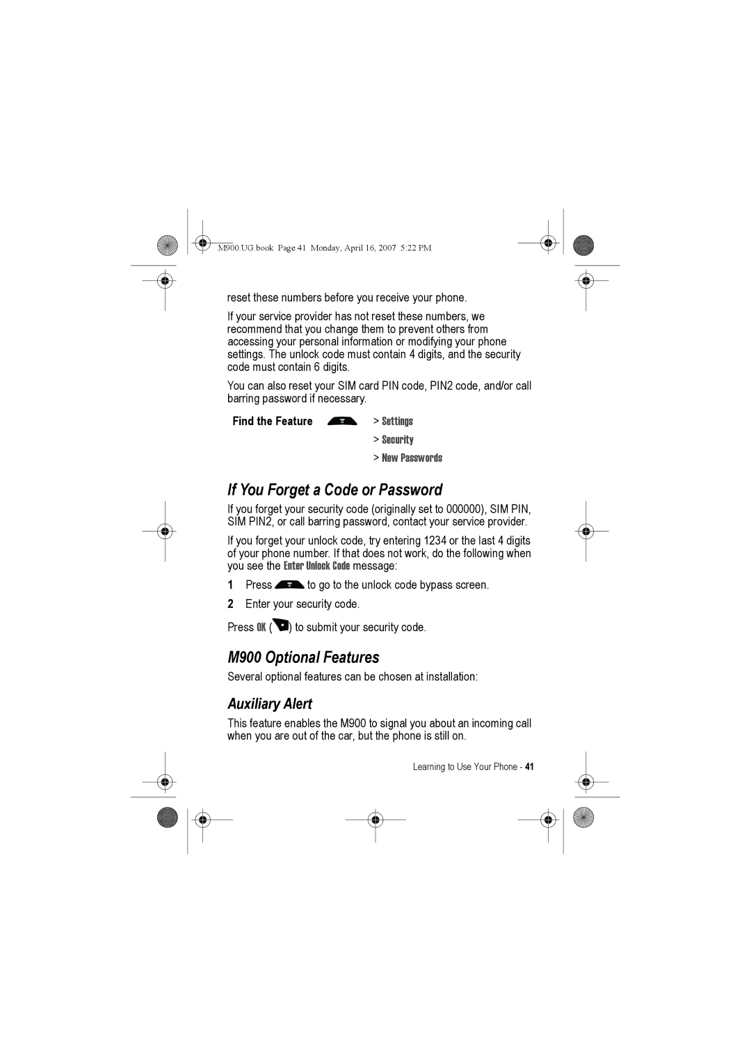 Motorola manual If You Forget a Code or Password, M900 Optional Features, Auxiliary Alert, Security New Passwords 