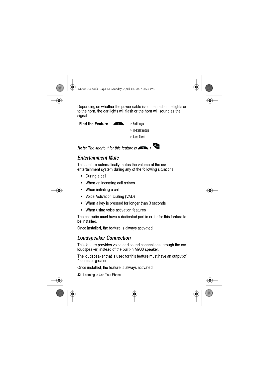 Motorola M900 manual Entertainment Mute, Loudspeaker Connection, In-Call Setup Aux Alert 