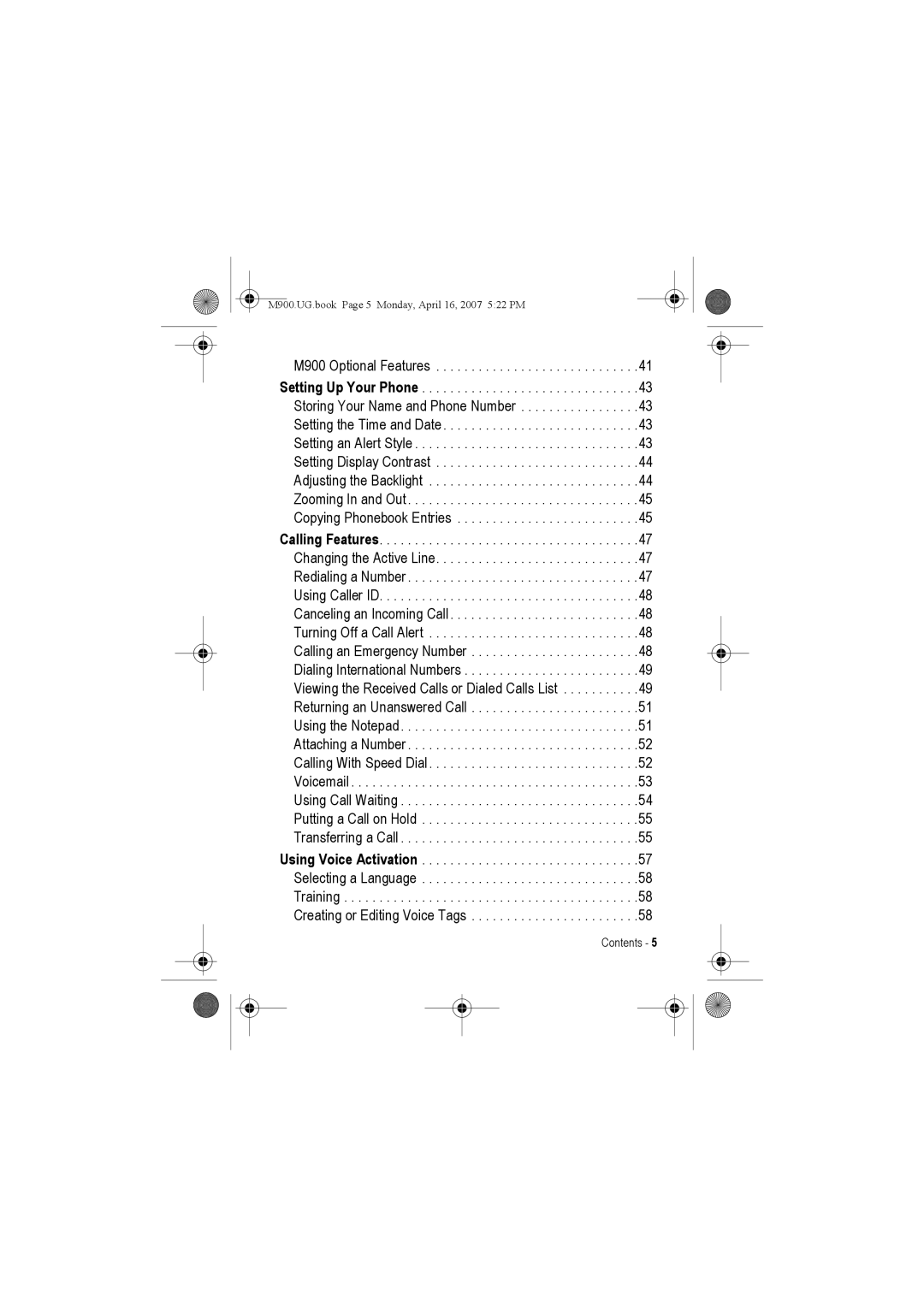 Motorola manual M900.UG.book Page 5 Monday, April 16, 2007 522 PM 