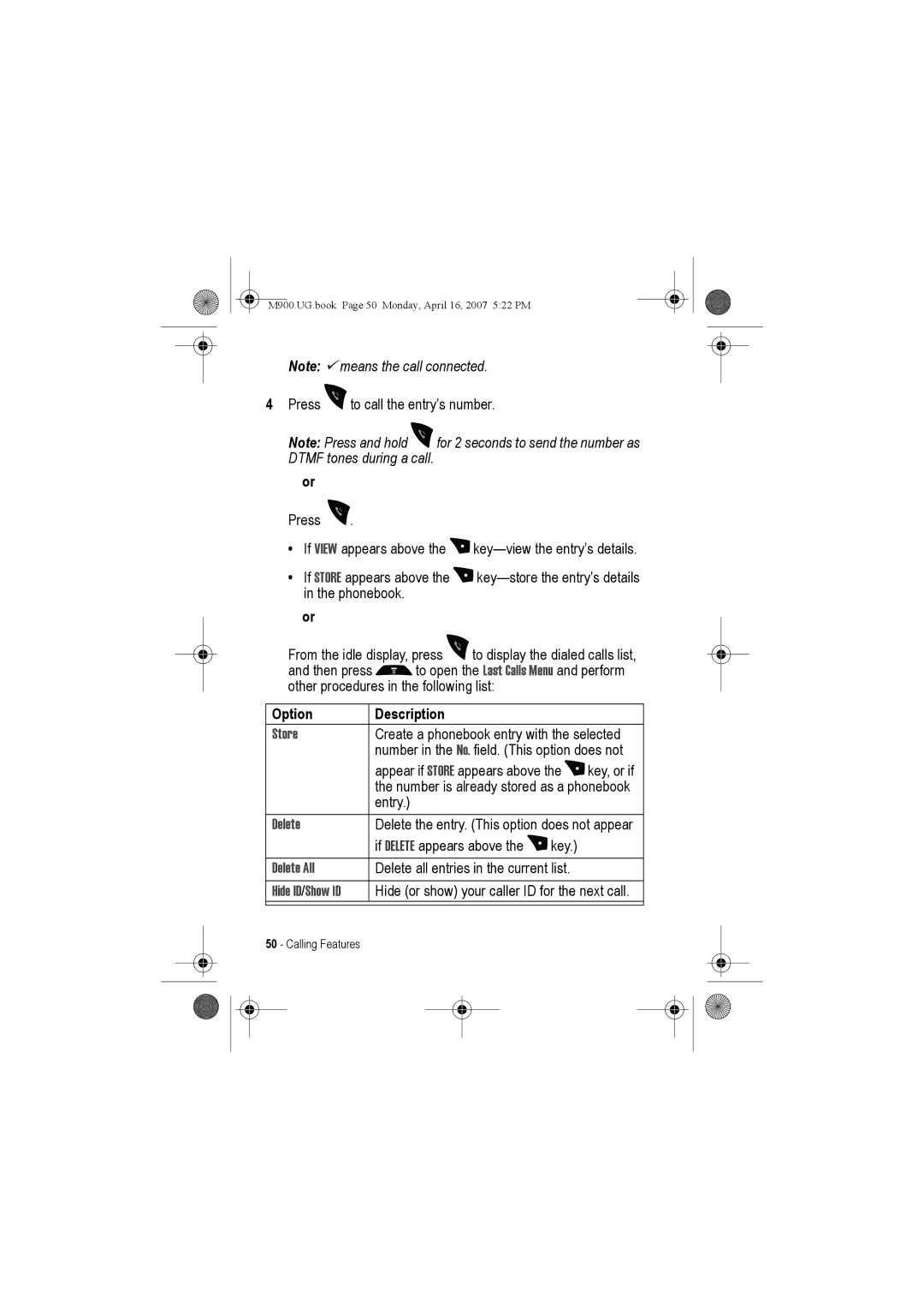 Motorola M900 manual Store, Delete All, Hide ID/Show ID 