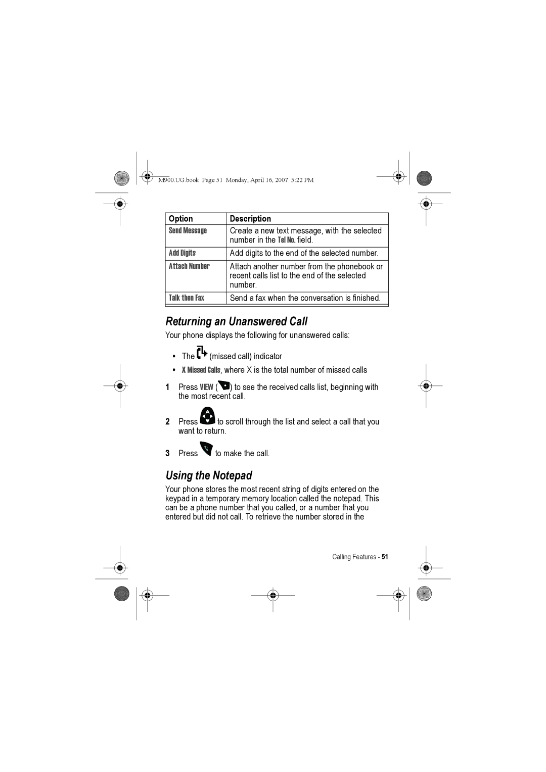 Motorola M900 manual Returning an Unanswered Call, Using the Notepad 