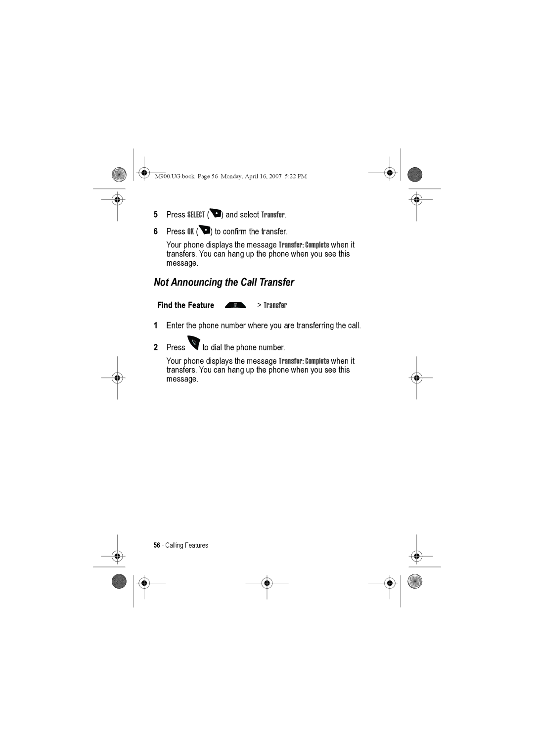 Motorola M900 manual Not Announcing the Call Transfer 