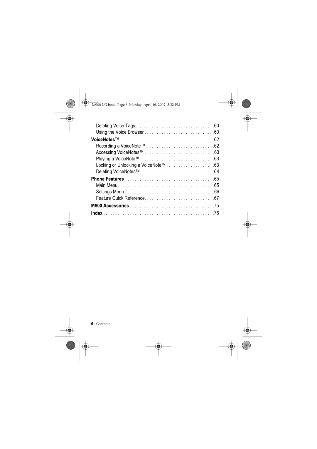 Motorola manual M900.UG.book Page 6 Monday, April 16, 2007 522 PM 