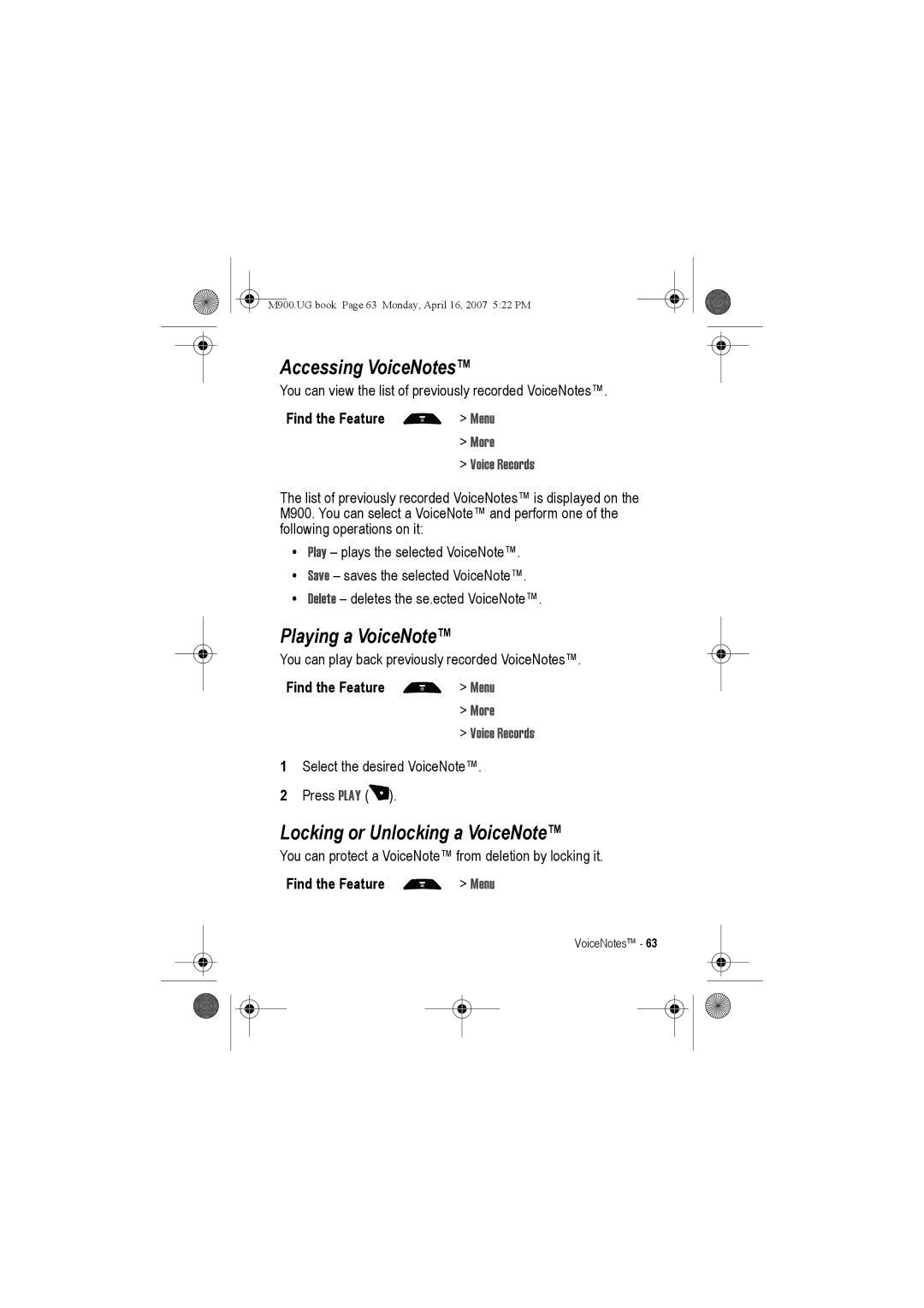 Motorola M900 manual Accessing VoiceNotes, Playing a VoiceNote, Locking or Unlocking a VoiceNote, More Voice Records 