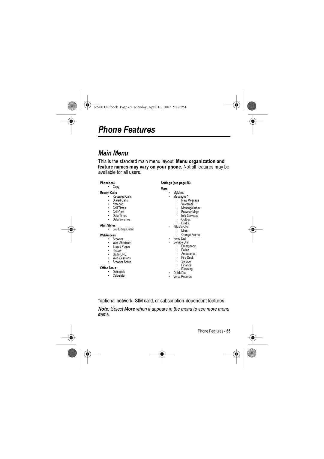 Motorola M900 manual Phone Features, Main Menu 