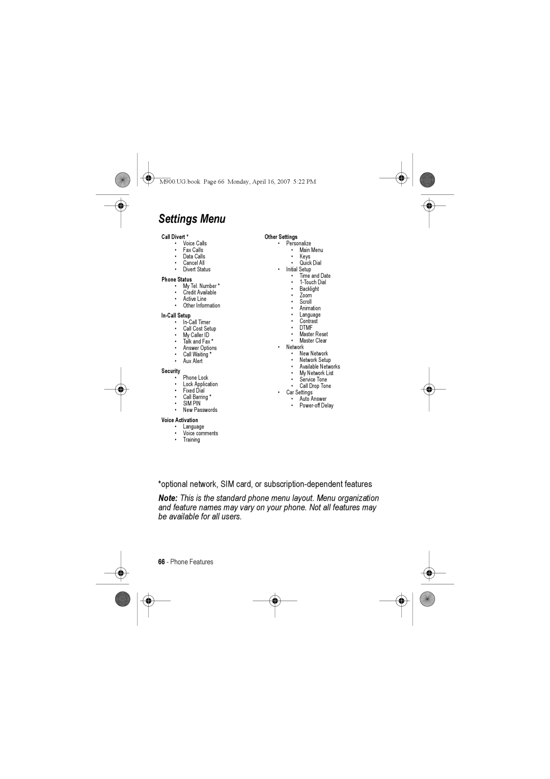 Motorola M900 manual Settings Menu, In-Call Setup 