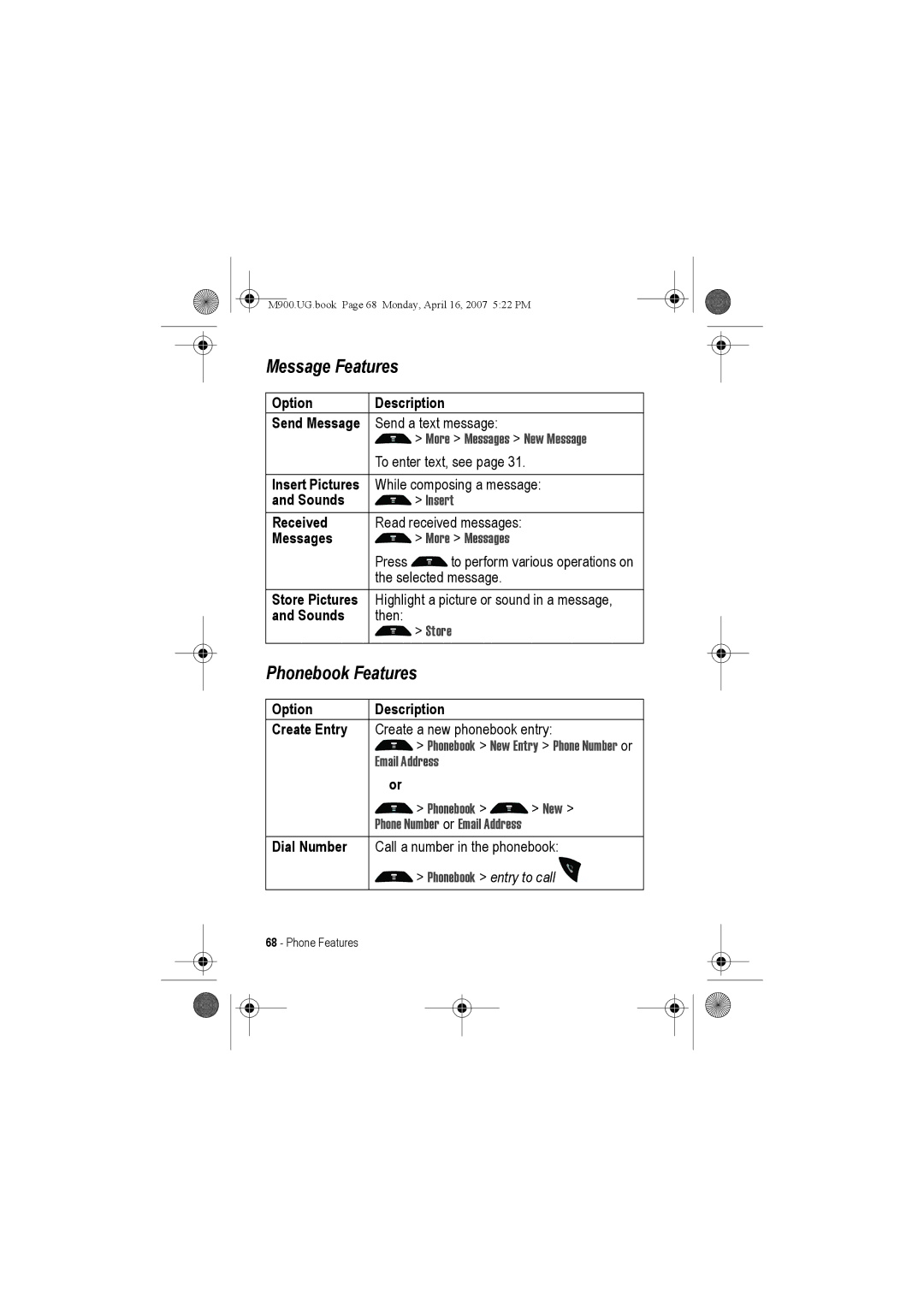 Motorola M900 manual Message Features, Phonebook Features 