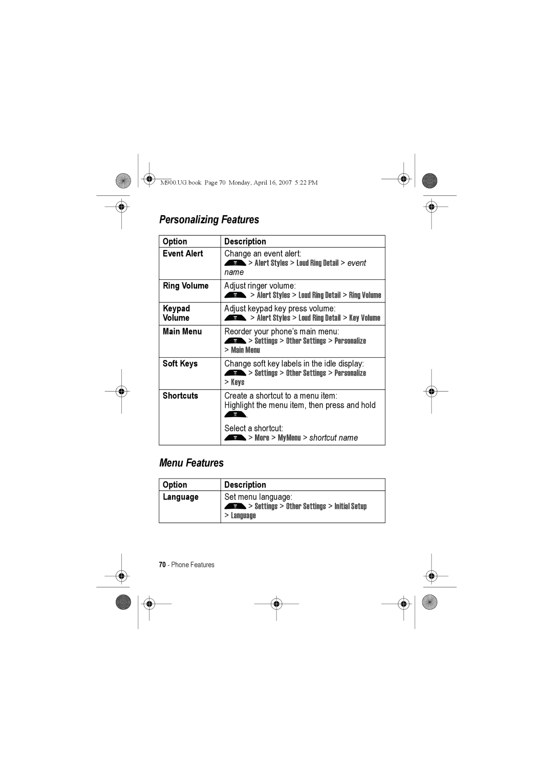 Motorola M900 manual Personalizing Features, Menu Features 