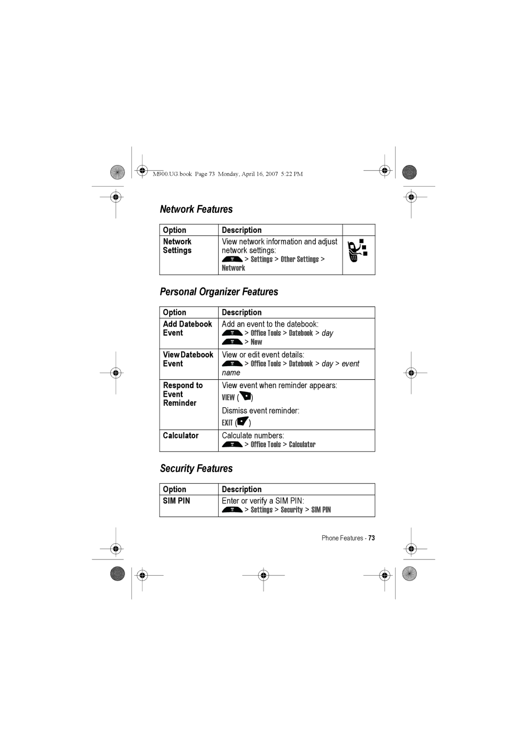 Motorola M900 manual Network Features, Personal Organizer Features, Security Features 