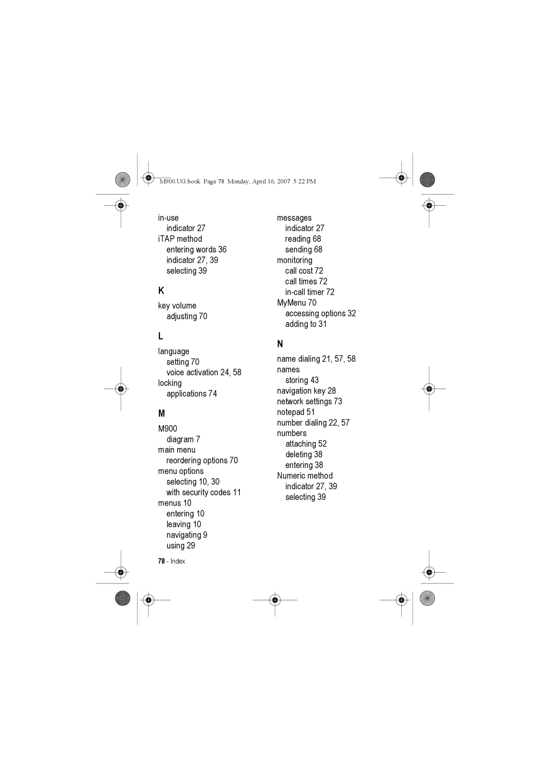 Motorola manual M900.UG.book Page 78 Monday, April 16, 2007 522 PM 