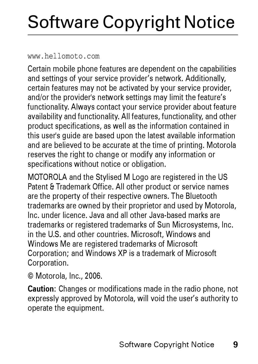 Motorola M930 manual Software Copyright Notice, Motorola, Inc 