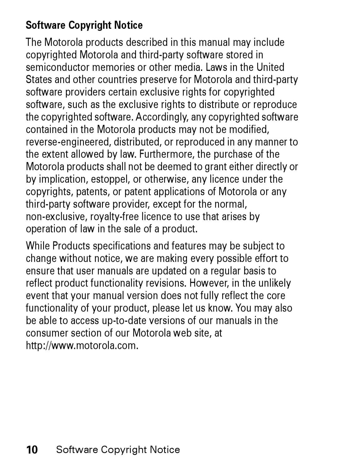 Motorola M930 manual Software Copyright Notice 