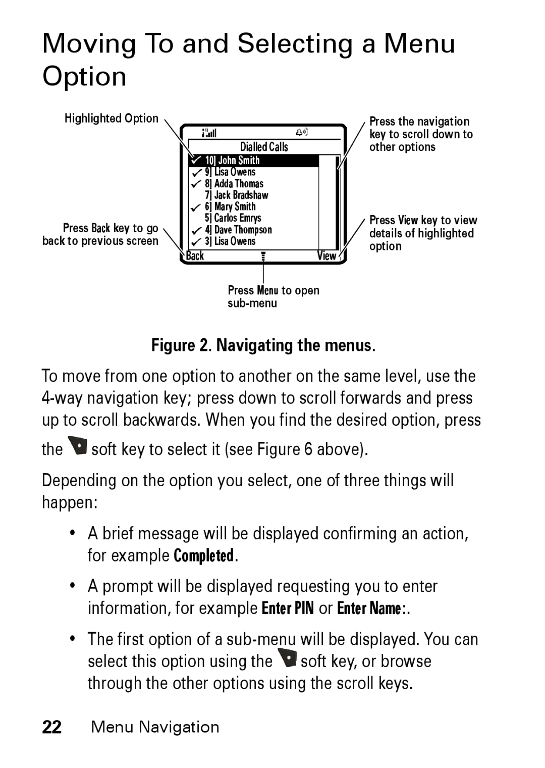 Motorola M930 manual Moving To and Selecting a Menu Option, Navigating the menus 