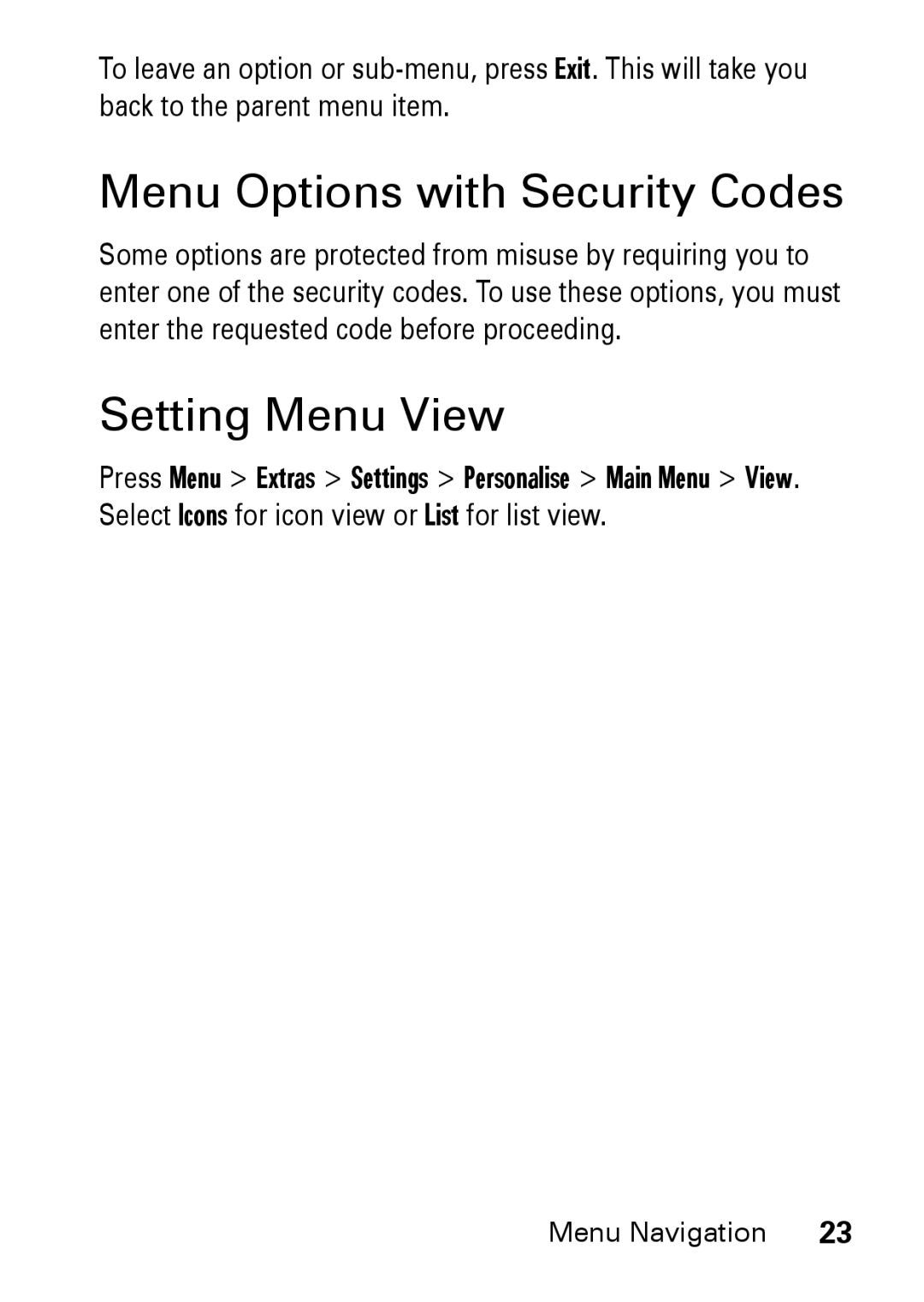 Motorola M930 manual Menu Options with Security Codes, Setting Menu View 